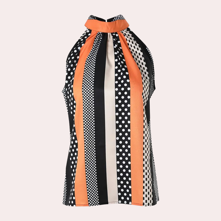 Oranje haltertop met zwart-witte strepen en stippen, retro stijl, damesmode, zomerblouse, elegante en trendy kleding, polyester stof.