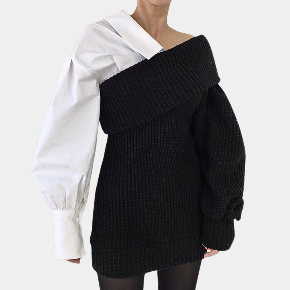 Zwart-witte asymmetrische trui met één blote schouder en pofmouw, modieuze dameskleding, trendy herfst-winter outfit, stijlvol design.