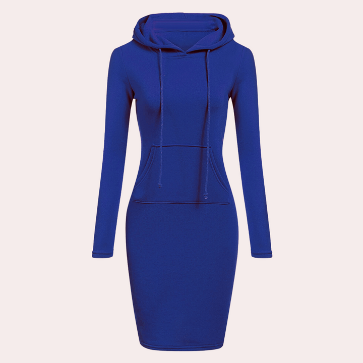 Blauwe hoodie-jurk voor dames met lange mouwen en kangoeroezak, ideaal voor casual en trendy outfits. Comfortabele en stijlvolle kleding.
