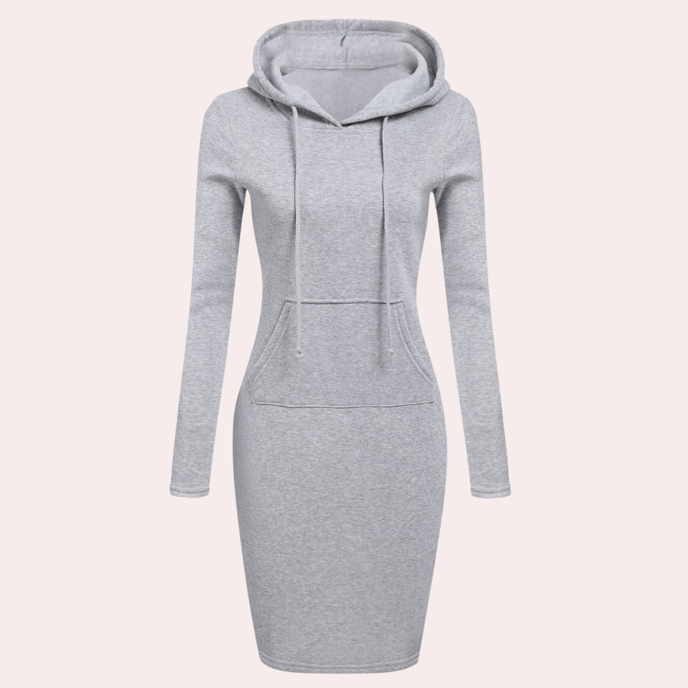 Grijze hoodie-jurk voor dames met lange mouwen en kangoeroezak, ideaal voor casual en comfortabele mode. Perfect voor herfst- en winteroutfits.