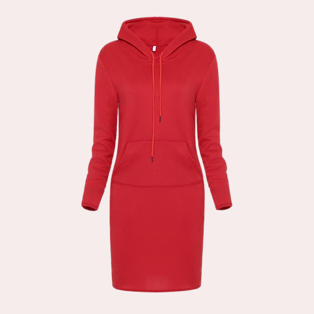 Rode hoodie-jurk met capuchon en buidelzak, damesmode, casual stijl, comfortabele pasvorm, trendy kleding, perfect voor dagelijks gebruik.