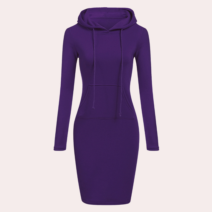 Paarse hoodie-jurk voor dames, lange mouwen, casual stijl, comfortabele pasvorm, ideaal voor herfst en winter, modieuze kleding.