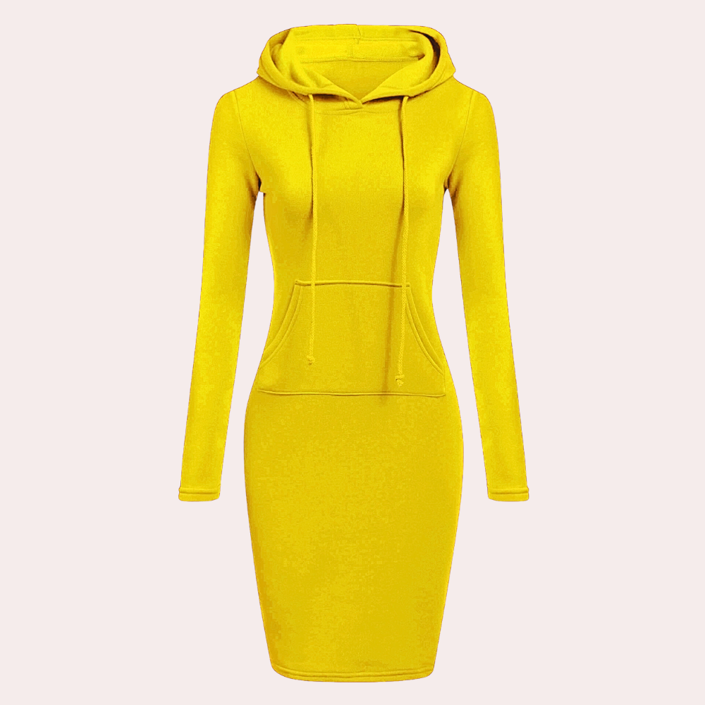 Gele hoodie-jurk voor dames met lange mouwen en buidelzak, casual en stijlvol ontwerp, perfect voor dagelijks gebruik en modieuze outfits.