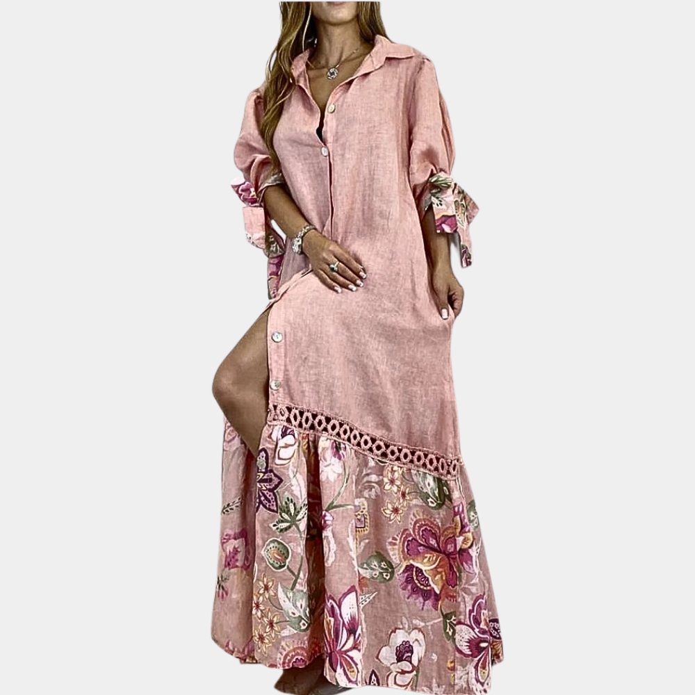 Roze linnen jurk met bloemenprint, lange mouwen en knoopsluiting. Perfect voor zomerse dagen. Elegante damesmode, bohemian stijl.