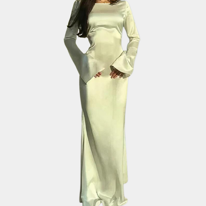 Witte satijnen avondjurk met lange mouwen en wijde manchetten, elegante galajurk, vloerlengte, perfect voor formele gelegenheden.