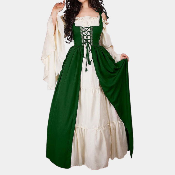 Groene middeleeuwse jurk met witte onderjurk, korsetvetering en wijde mouwen. Ideaal voor historische evenementen en cosplay.