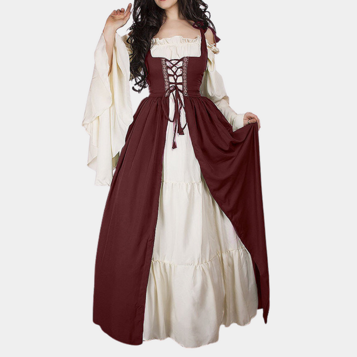Middeleeuwse jurk in wijnrood en wit, met korsetvetering en wijde mouwen. Perfect voor historische evenementen en cosplay.