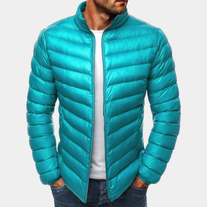 Turquoise gewatteerde jas voor heren, lichtgewicht en stijlvol, ideaal voor koude weersomstandigheden. Perfecte winterjas voor dagelijks gebruik.
