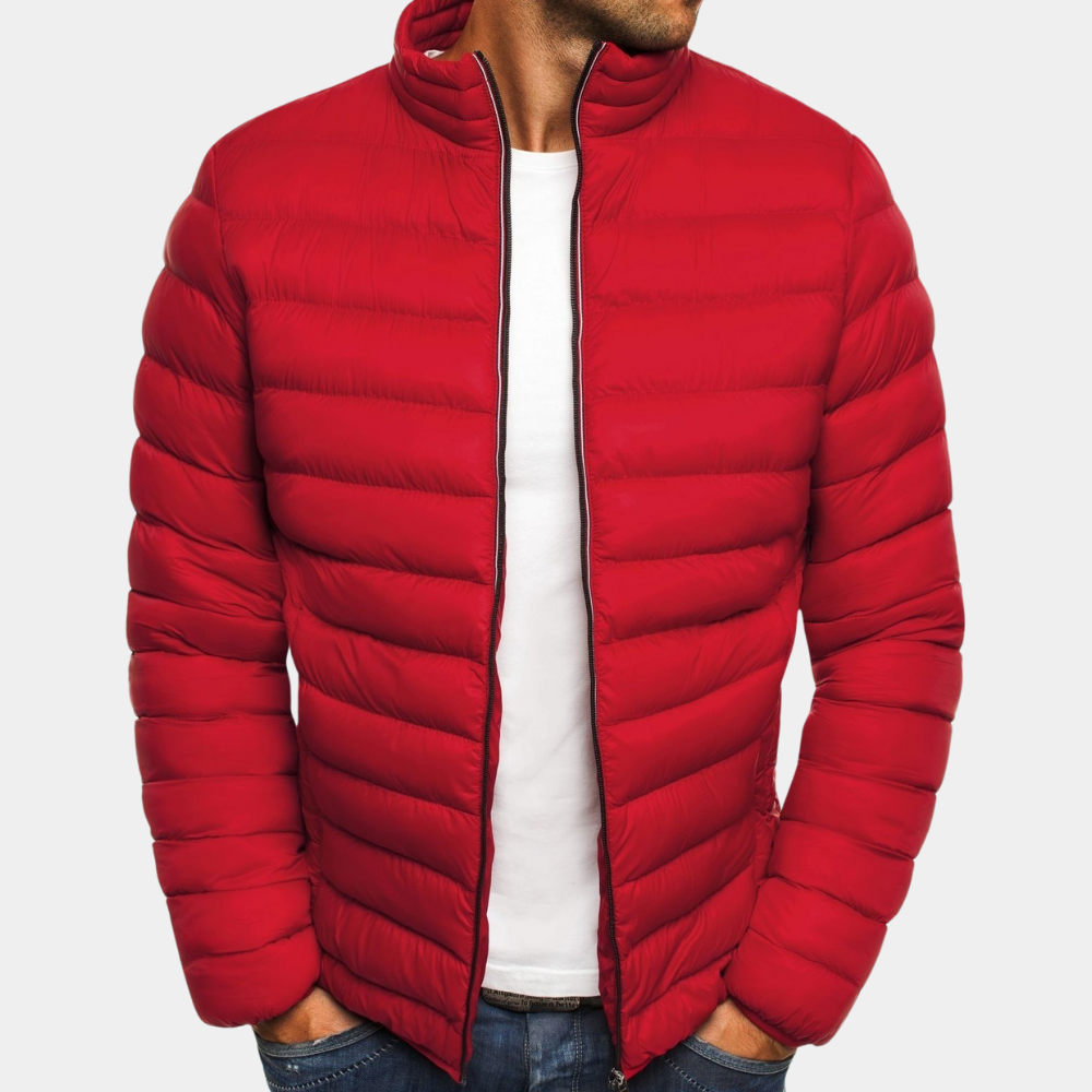 Rode gewatteerde jas voor heren, modieus en warm, ideaal voor winterkleding. Comfortabele pasvorm, perfect voor casual en outdoor activiteiten.