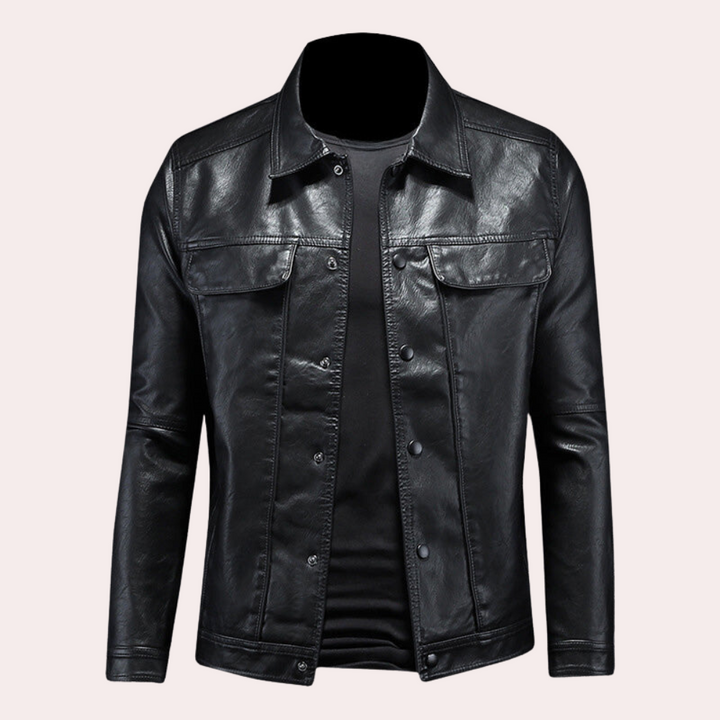 Zwarte leren jas voor heren, klassieke stijl, met knoopsluiting en borstzakken. Perfect voor casual en modieuze outfits.