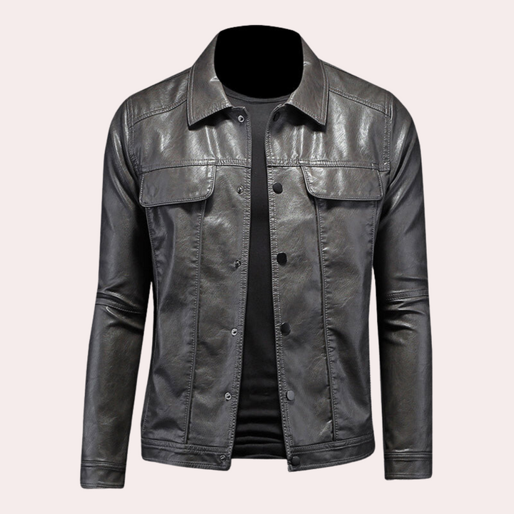 Grijze leren jas voor heren, stijlvolle en moderne look, ideaal voor casual en formele gelegenheden. Perfecte herenjassen, modetrend 2023.