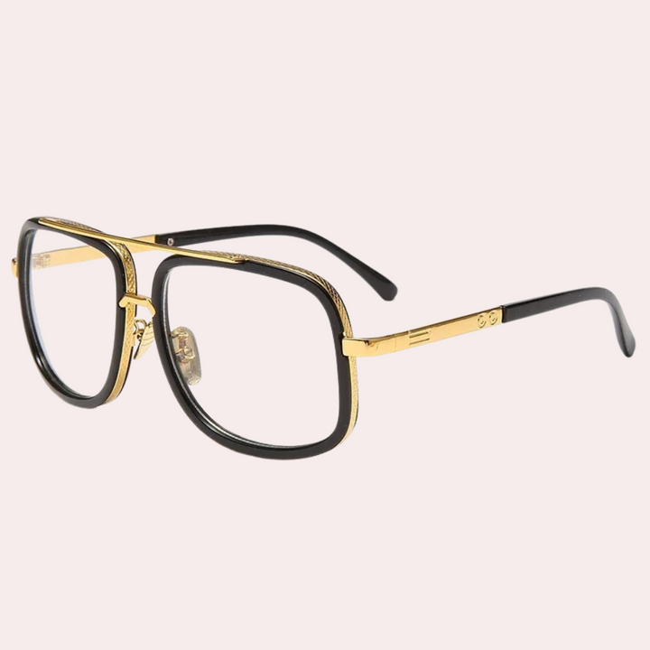 Zwart-gouden retro bril met vierkante glazen en metalen frame, stijlvolle unisex montuur, vintage design, modieuze accessoire voor dagelijks gebruik.
