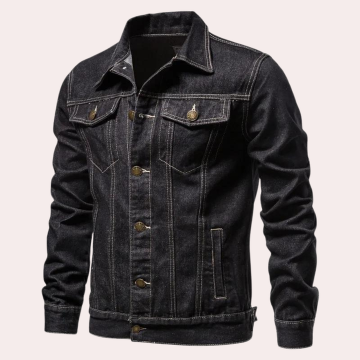 Zwarte denim spijkerjas voor heren met knoopsluiting, borstzakken en klassieke kraag. Perfect voor casual en modieuze herenkleding.