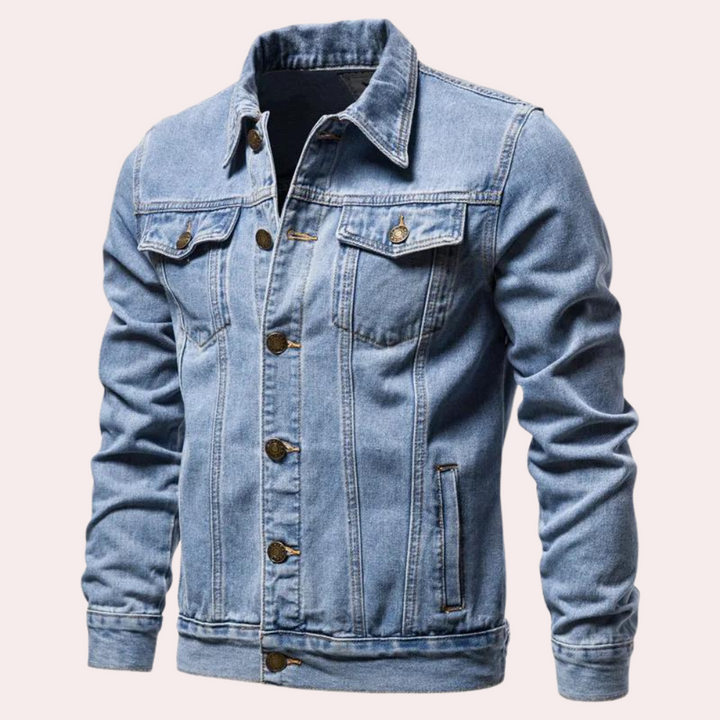 Blauwe denim spijkerjas voor heren met knoopsluiting, borstzakken en klassieke kraag. Perfect voor casual en modieuze looks.