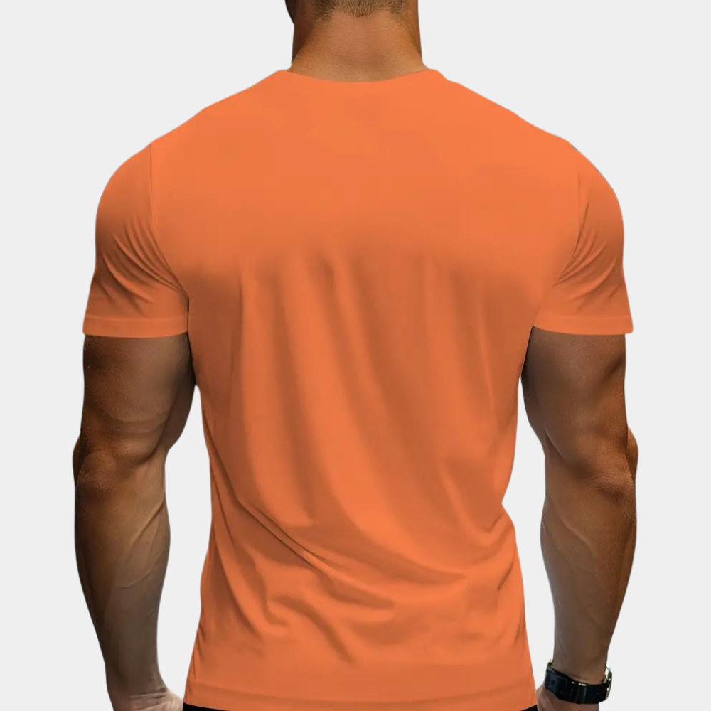 Oranje heren T-shirt, achterkant, strakke pasvorm, casual mode, sportieve stijl, korte mouwen, effen kleur, geschikt voor dagelijks gebruik.