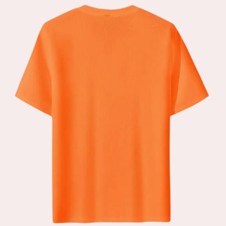 Oranje T-shirt, uniseks, korte mouwen, effen kleur, casual stijl. Perfect voor zomerse outfits en dagelijkse mode. Gemaakt van ademende stof.