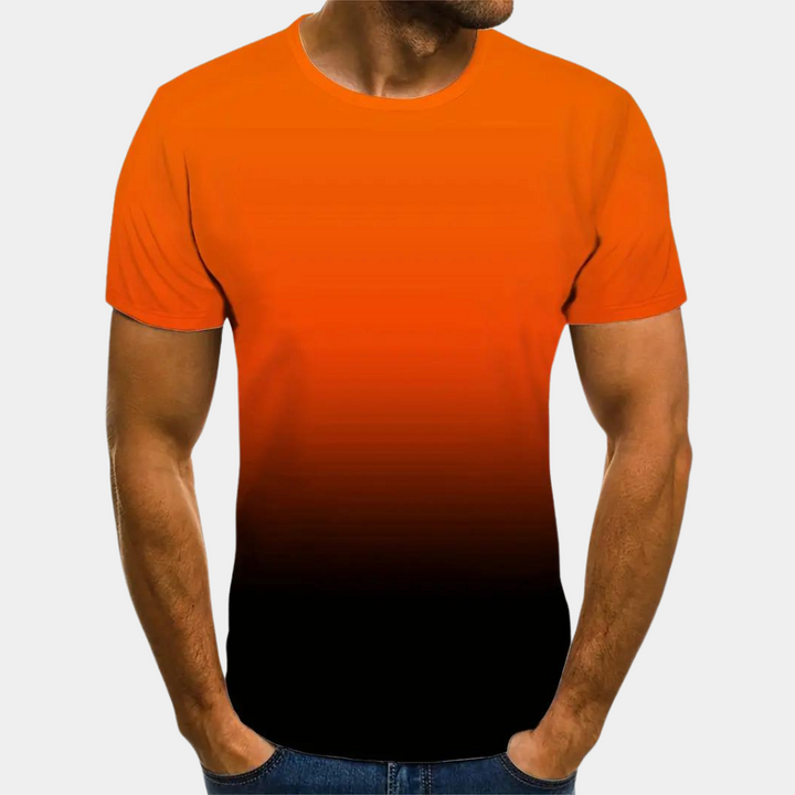 Oranje en zwarte ombre T-shirt voor heren, korte mouwen, casual stijl, perfect voor dagelijks gebruik en modieuze uitstraling.