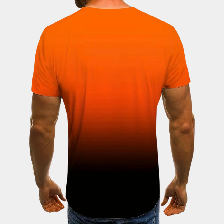 Oranje en zwart ombre T-shirt voor heren, korte mouwen, casual stijl, comfortabele pasvorm, perfect voor dagelijks gebruik en modieuze uitstraling.