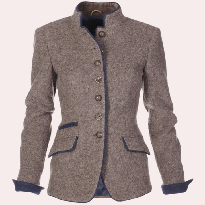 Grijze wollen damesjas met blauwe accenten, opstaande kraag en knopen. Stijlvolle herfstmode, perfect voor casual en formele gelegenheden.