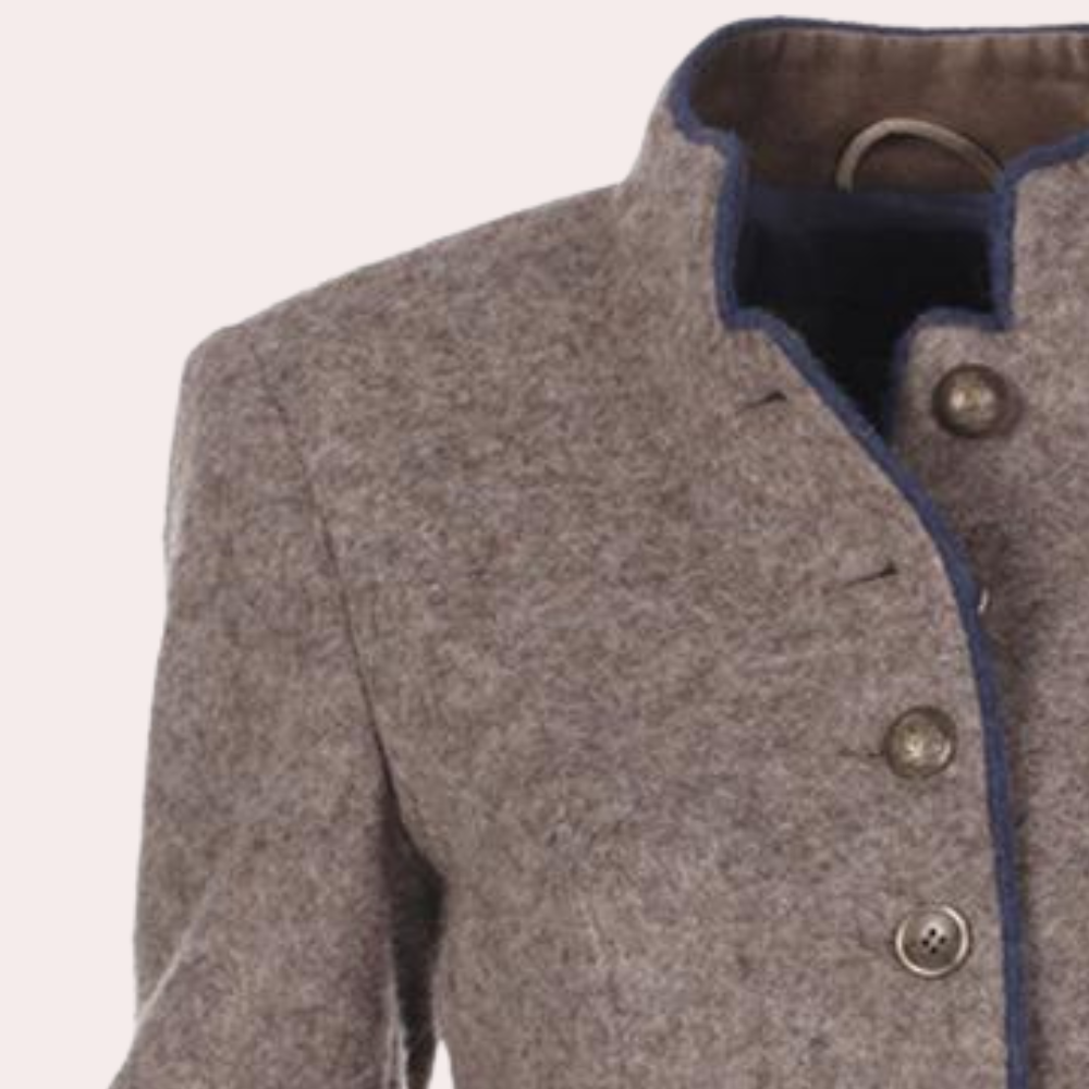 Grijze wollen damesjas met opstaande kraag en knoopsluiting, elegant en stijlvol ontwerp, perfect voor herfst- en wintermode.