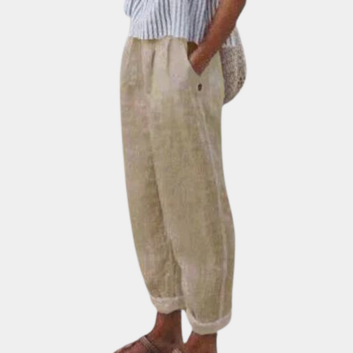 Khaki linnen broek voor dames, casual en comfortabel, met elastische tailleband. Ideaal voor zomerse outfits en ontspannen stijl.