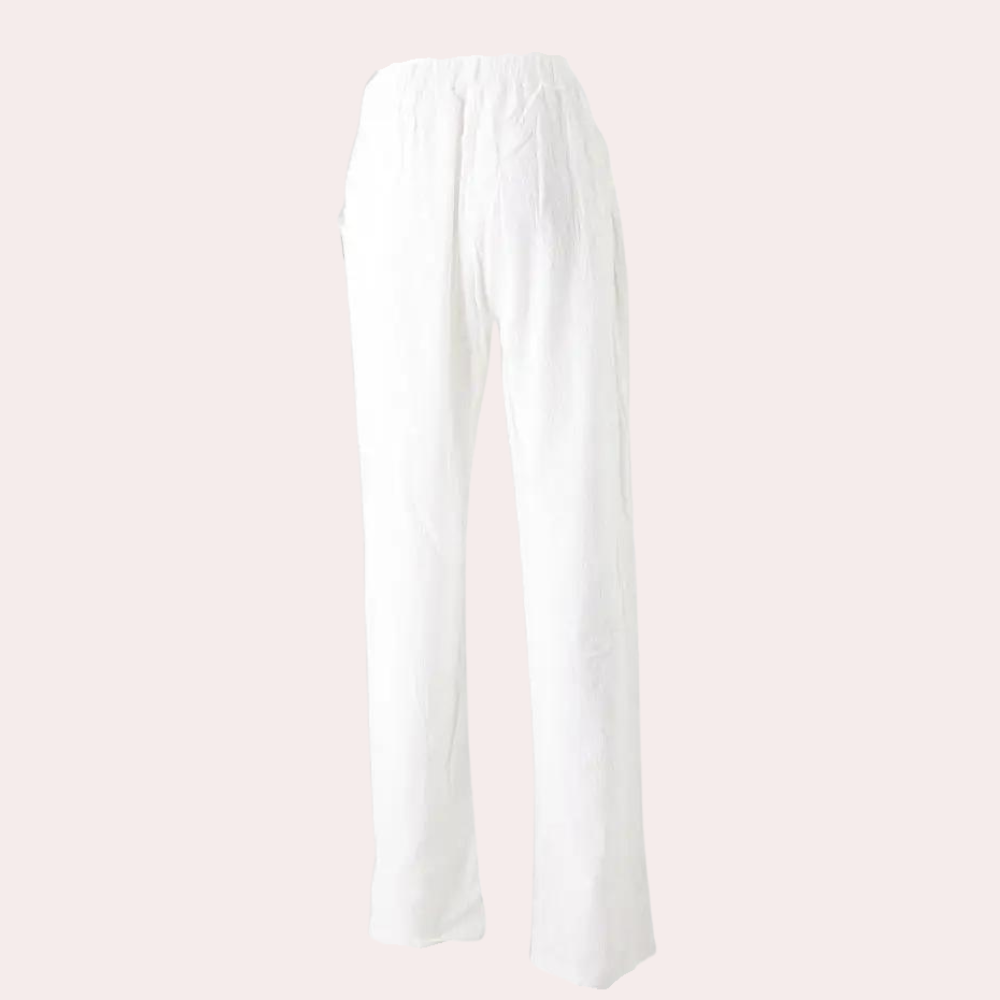 Witte linnen broek voor dames met elastische tailleband, casual en comfortabel, perfect voor zomeroutfits. Ideaal voor dagelijks gebruik en strandvakanties.