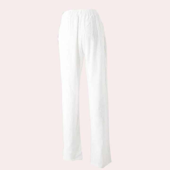 Witte linnen broek voor dames met elastische tailleband, casual en comfortabel, perfect voor zomeroutfits. Ideaal voor dagelijks gebruik en strandvakanties.