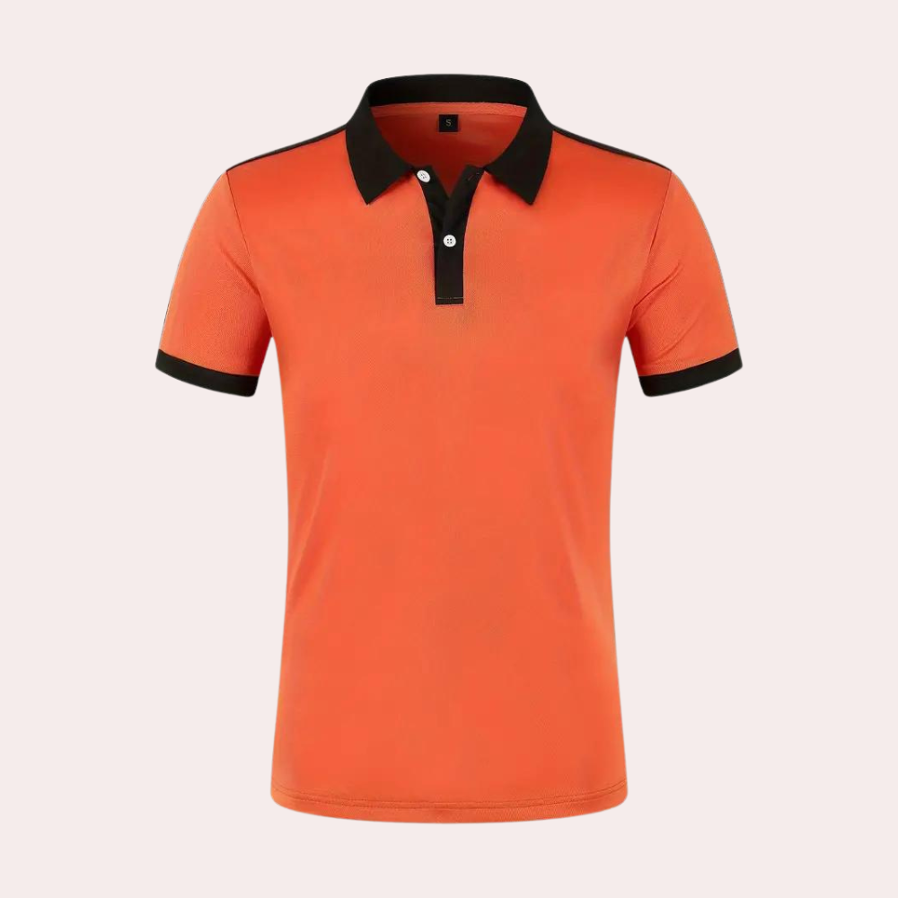 Oranje poloshirt met zwarte kraag en mouwboorden, drie knopen, herenmode, casual kleding, hoogwaardige stof, stijlvolle uitstraling.