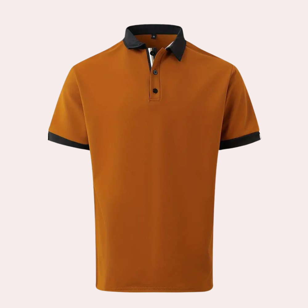 Oranje polo shirt met zwarte kraag en mouwboorden, korte mouwen, knoopsluiting. Stijlvolle herenkleding, casual en modieus.