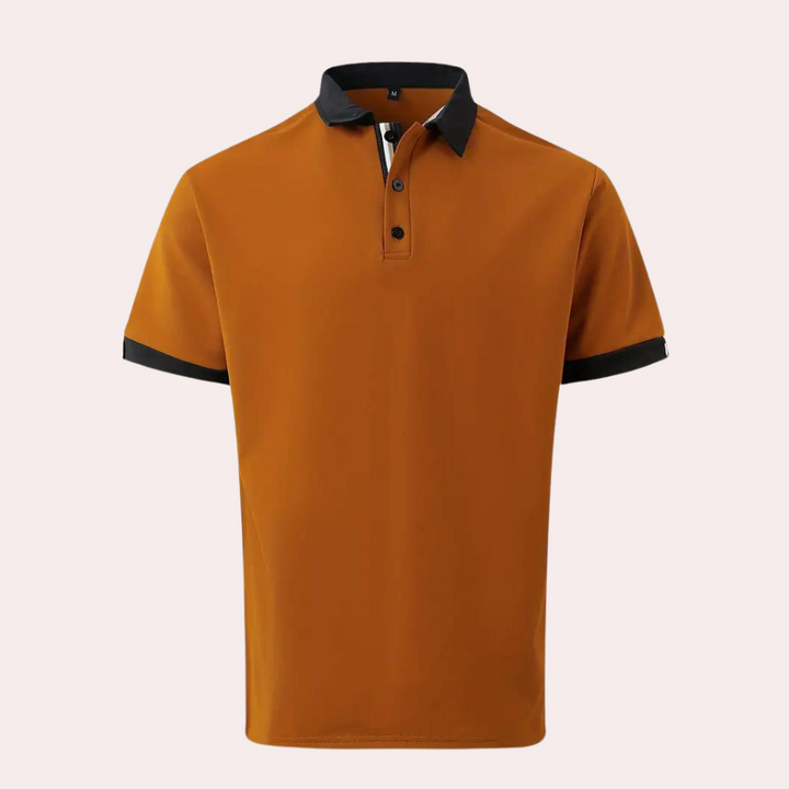 Oranje polo shirt met zwarte kraag en mouwboorden, korte mouwen, knoopsluiting. Stijlvolle herenkleding, casual en modieus.