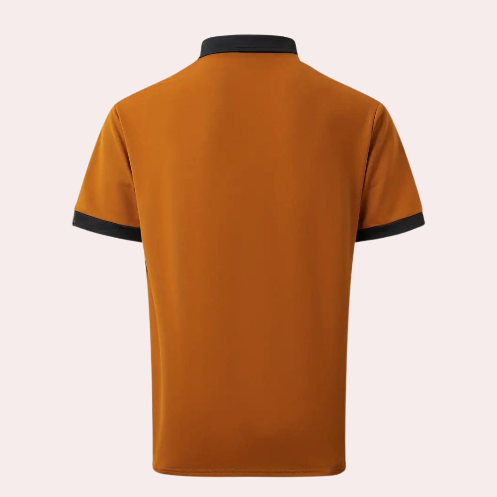 Oranje heren T-shirt met zwarte kraag en mouwboorden, katoenen stof, casual stijl, perfect voor dagelijks gebruik en sportieve activiteiten.