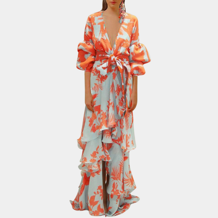 Oranje en witte bloemenjurk met diepe V-hals en pofmouwen, elegante lange rok, modieuze dameskleding, zomerjurk, bohemian stijl.
