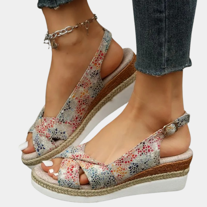 Dames sandalen met sleehak, multicolor bloemenprint, verstelbare enkelband, zomerschoenen, comfortabel, casual, modieus, trendy.