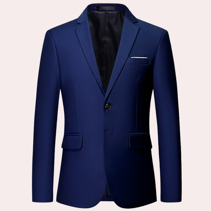 Koningsblauw colbert voor heren, elegant design, één knoop, met klepzakken en borstzak. Perfect voor formele gelegenheden en zakelijke outfits.