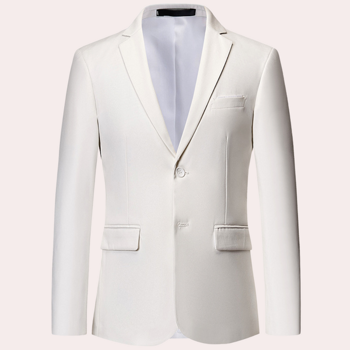 Witte herenblazer met twee knopen, klassieke revers en zakken. Perfect voor formele gelegenheden. Hoogwaardige stof, stijlvolle pasvorm.