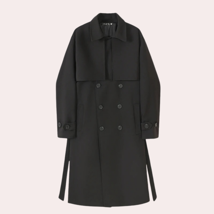 Zwarte trenchcoat voor heren met dubbele rij knopen, klassieke kraag en ceintuur. Stijlvolle en tijdloze jas voor herfst en winter.