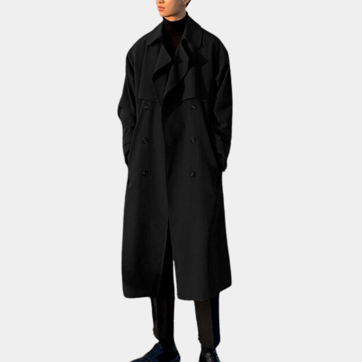 Zwarte lange trenchcoat voor heren, dubbele rij knopen, klassieke stijl, geschikt voor herfst en winter. Elegante en tijdloze mode.