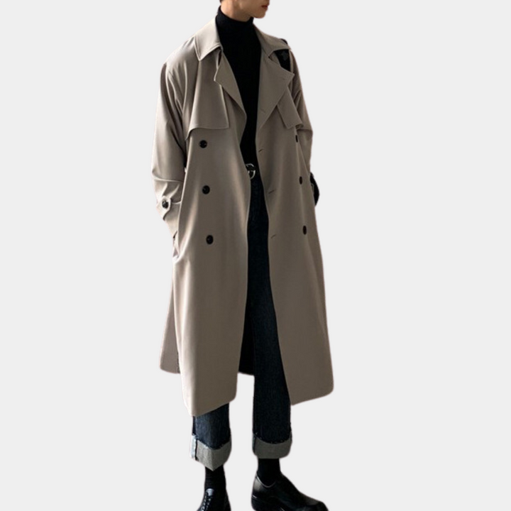 Grijze trenchcoat voor heren, stijlvolle lange jas, dubbele rij knopen, modieuze herenkleding, geschikt voor herfst en winter.