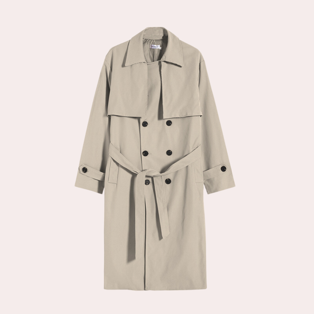 Grijze trenchcoat met dubbele rij knopen en ceintuur, stijlvolle damesjas, waterafstotend, ideaal voor herfstmode en regenachtige dagen.