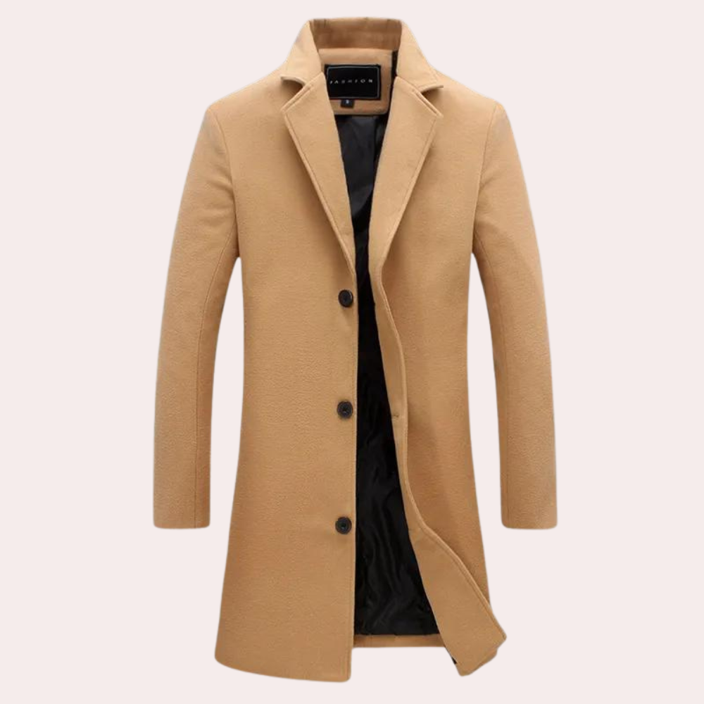 Khaki herenjas met knopen, lange mouwen en kraag. Stijlvolle winterjas voor heren, ideaal voor formele en casual gelegenheden.