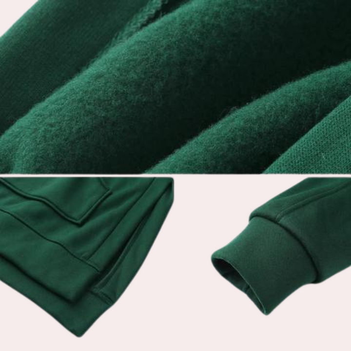 Donkergroene fleece trui details, zachte stof, geribbelde manchetten, comfortabele pasvorm, warme winterkleding, duurzame kwaliteit.