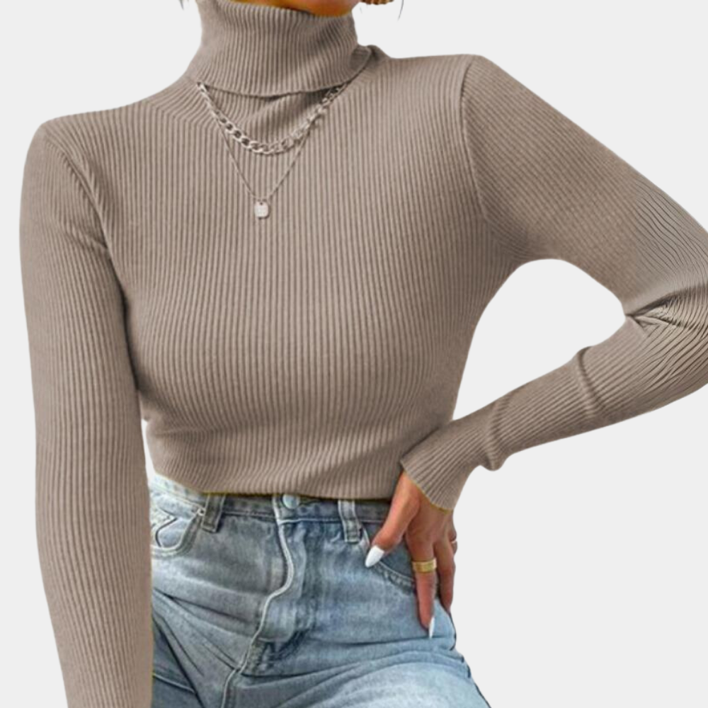 Khaki ribgebreide coltrui dames, lange mouwen, casual stijl, gecombineerd met blauwe jeans. Perfect voor herfstmode en dagelijkse outfits.