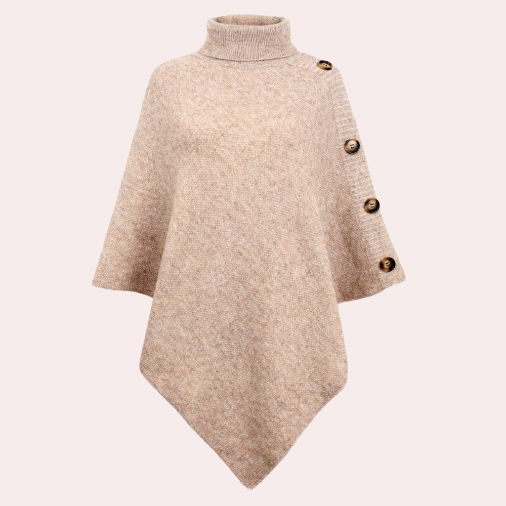 Beige poncho met coltrui en knopen, damesmode, herfstkleding, gebreid, stijlvol en warm, ideaal voor casual en chique outfits.