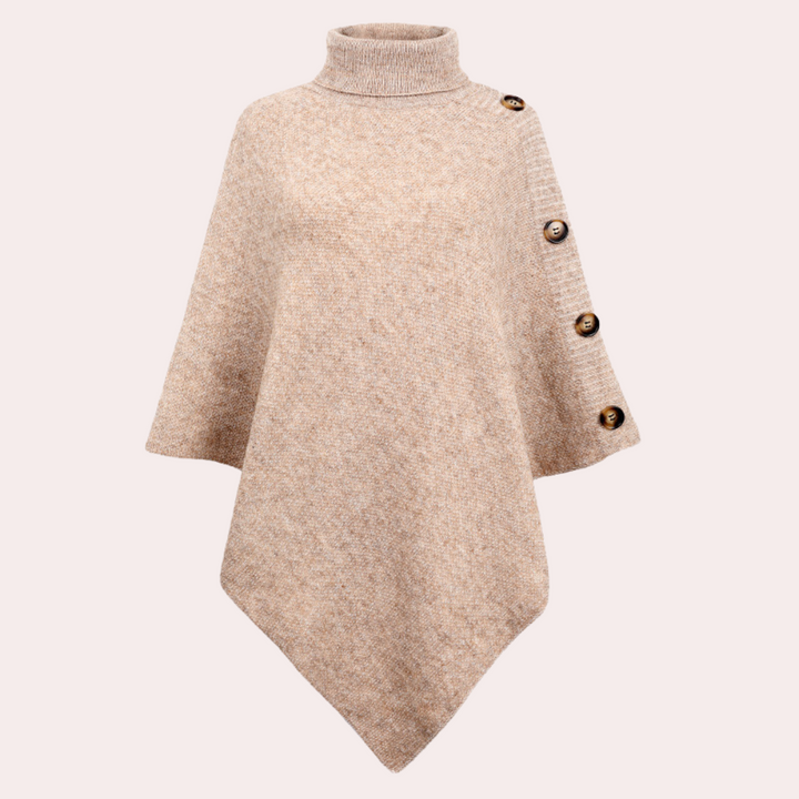 Beige poncho met coltrui en knopen, damesmode, herfstkleding, gebreid, stijlvol en warm, ideaal voor casual en chique outfits.