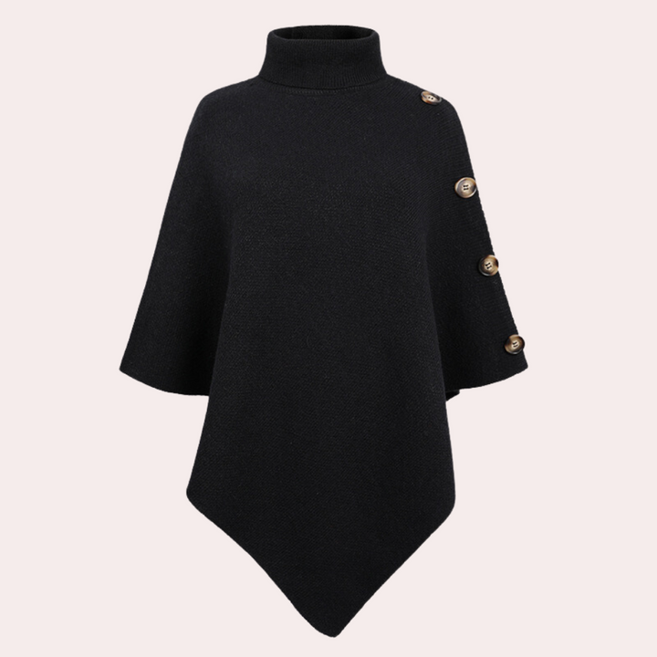 Zwarte poncho met hoge kraag en knopen aan de zijkant, stijlvolle damesmode, warme winterkleding, elegant design, comfortabele pasvorm.