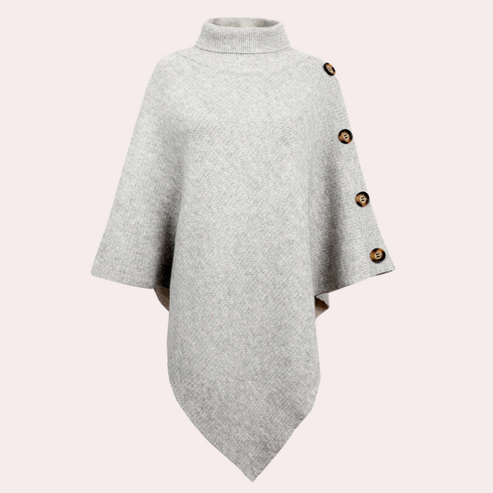 Grijze poncho met col en knopen, damesmode, herfstkleding, stijlvolle wollen cape, comfortabele en warme outfit, modetrend 2023.