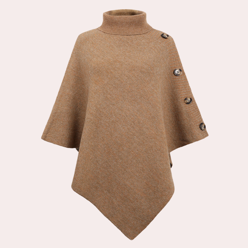 Khaki poncho met col en knopen, damesmode, herfstkleding, warme wollen stof, stijlvolle cape, veelzijdige outfit, modetrend 2023.