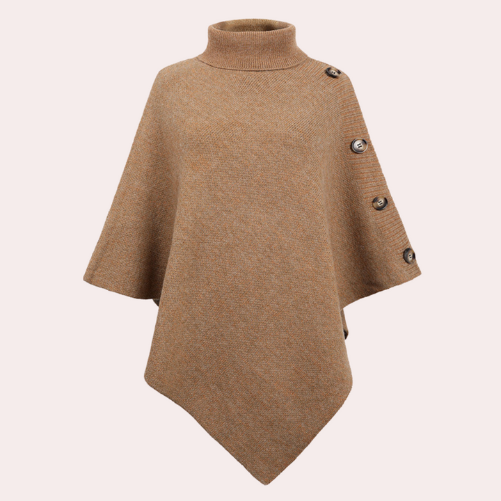 Khaki poncho met col en knopen, damesmode, herfstkleding, warme wollen stof, stijlvolle cape, veelzijdige outfit, modetrend 2023.