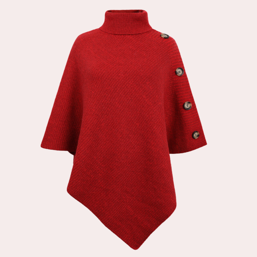 Rode poncho met col en knopen, damesmode, warme winterkleding, stijlvolle gebreide cape, trendy herfstoutfit, comfortabele damesponcho.
