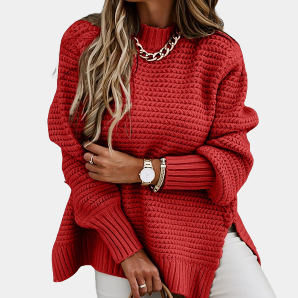 Rode gebreide trui dames, modieus ontwerp, lange mouwen, kettingdetail, casual herfstkleding, trendy damesmode, comfortabele pasvorm.